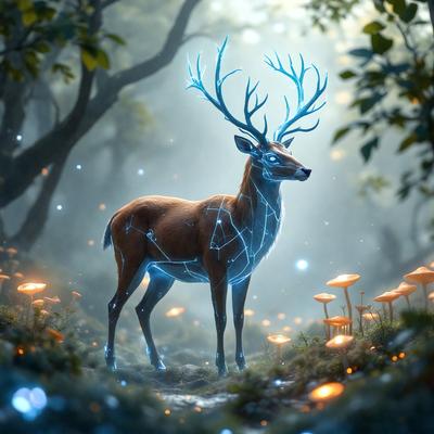 Primary subject: A deer with a blue glow.
Setting/background: A forest with trees and mushrooms.
Visual style: Digital art.
Colors and mood: The deer has a blue glow, and the overall atmosphere is magical and enchanting.